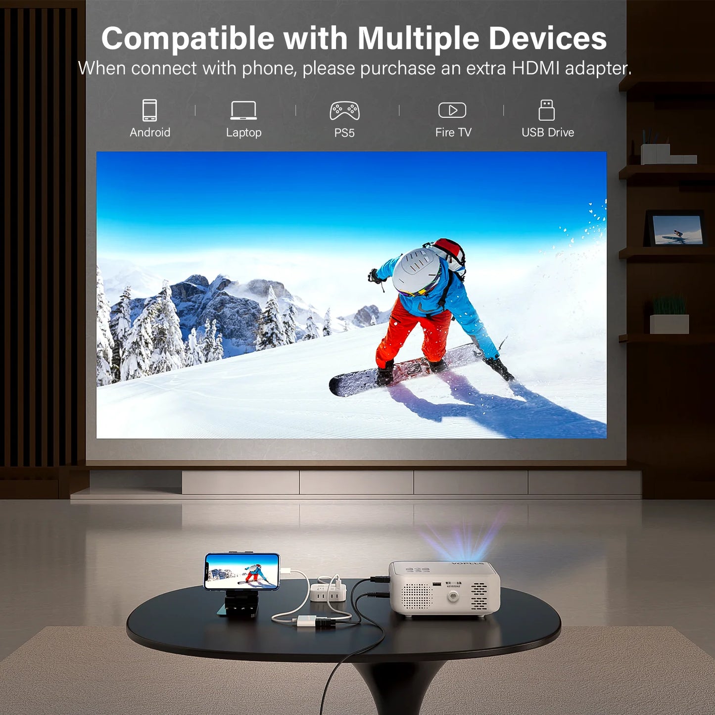 1080P WIFI Bluetooth HD LCD Mini Projector, White and Purple